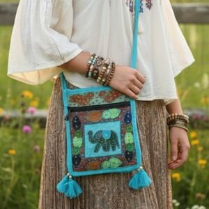 BOHO Blue Print Cotton Elephant Appliqué Cross Body Purse